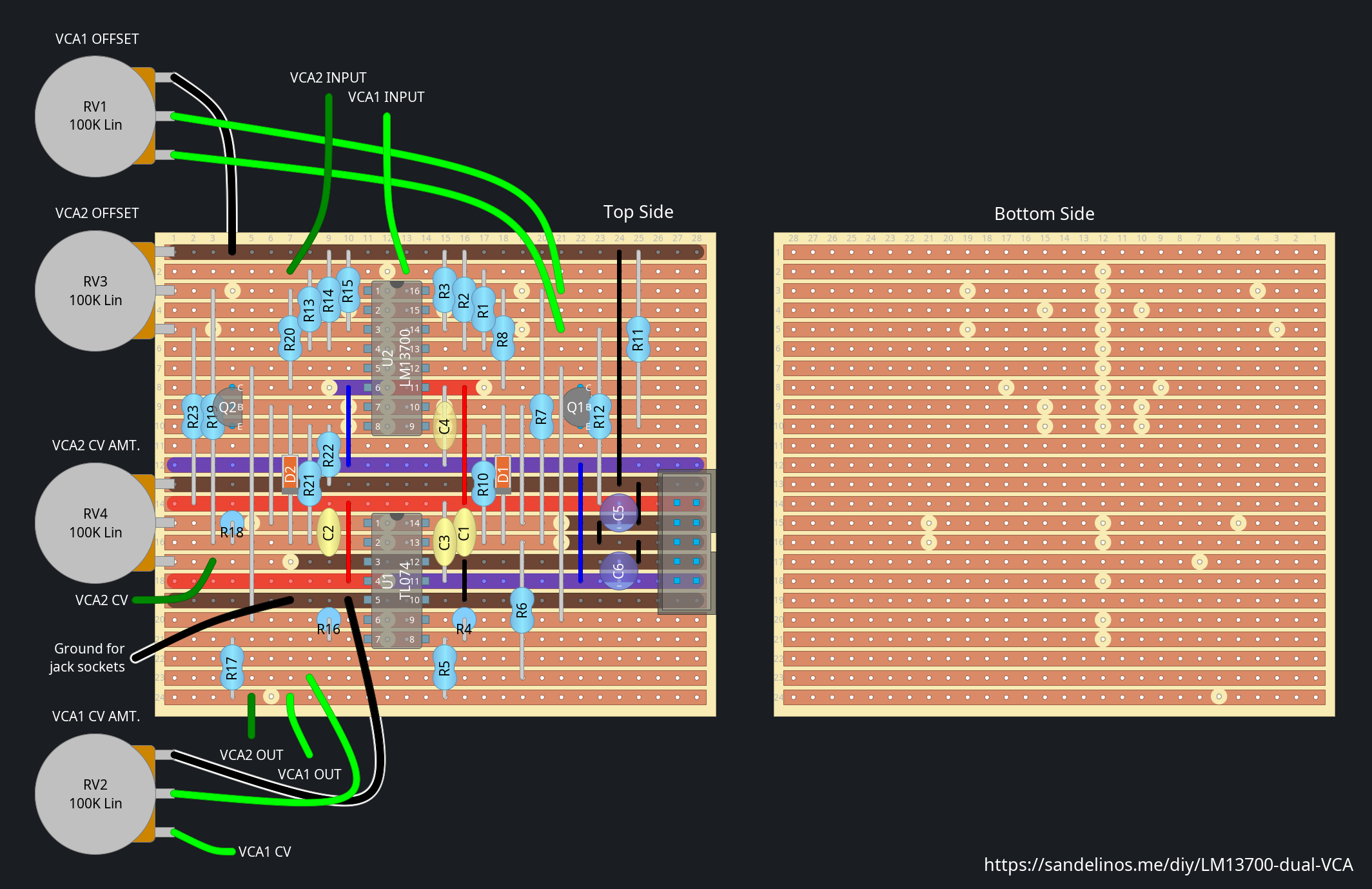 LM13700 dual VCA stripboard layout