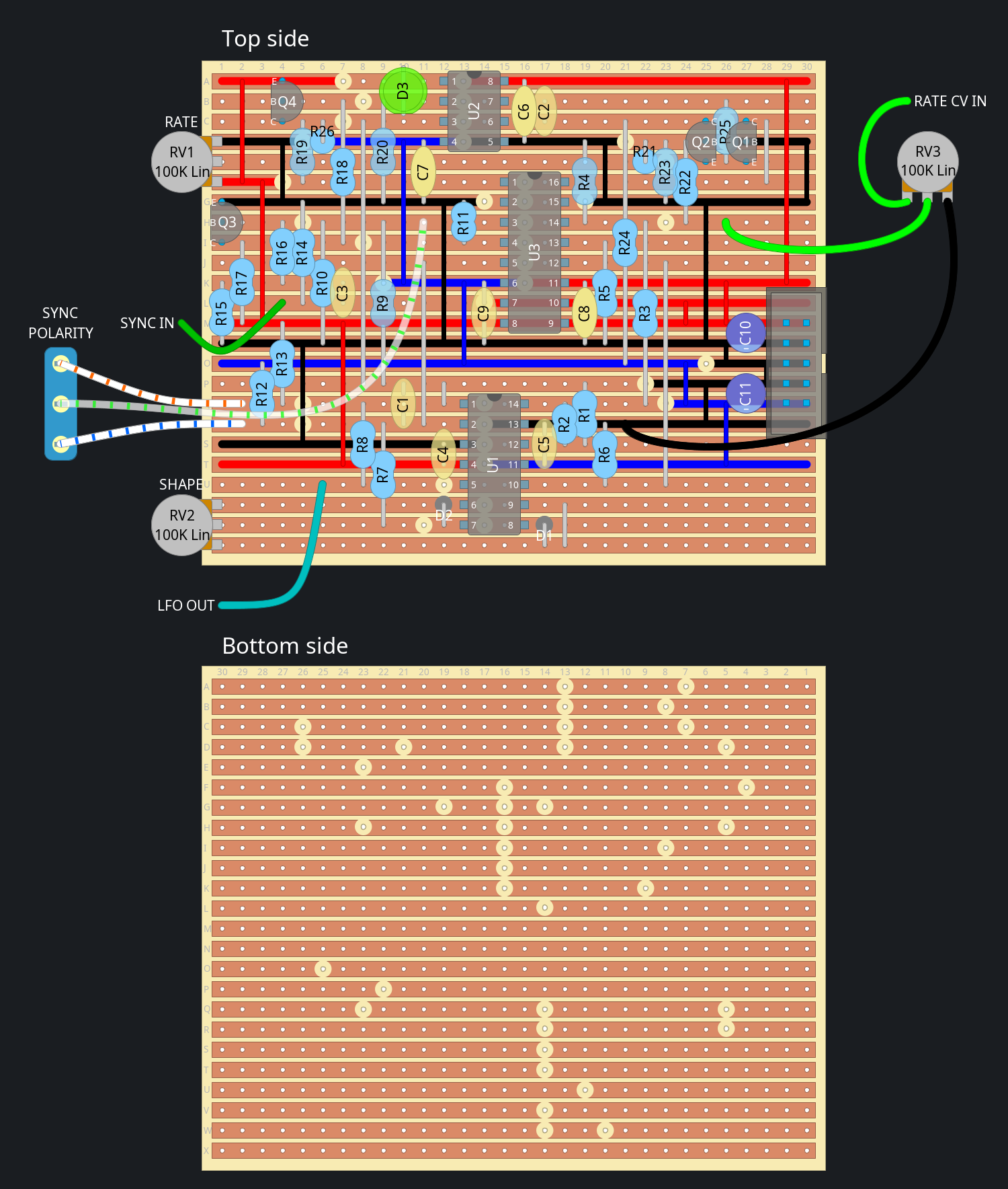 Variable Waveshape VCLFO stripboard layout